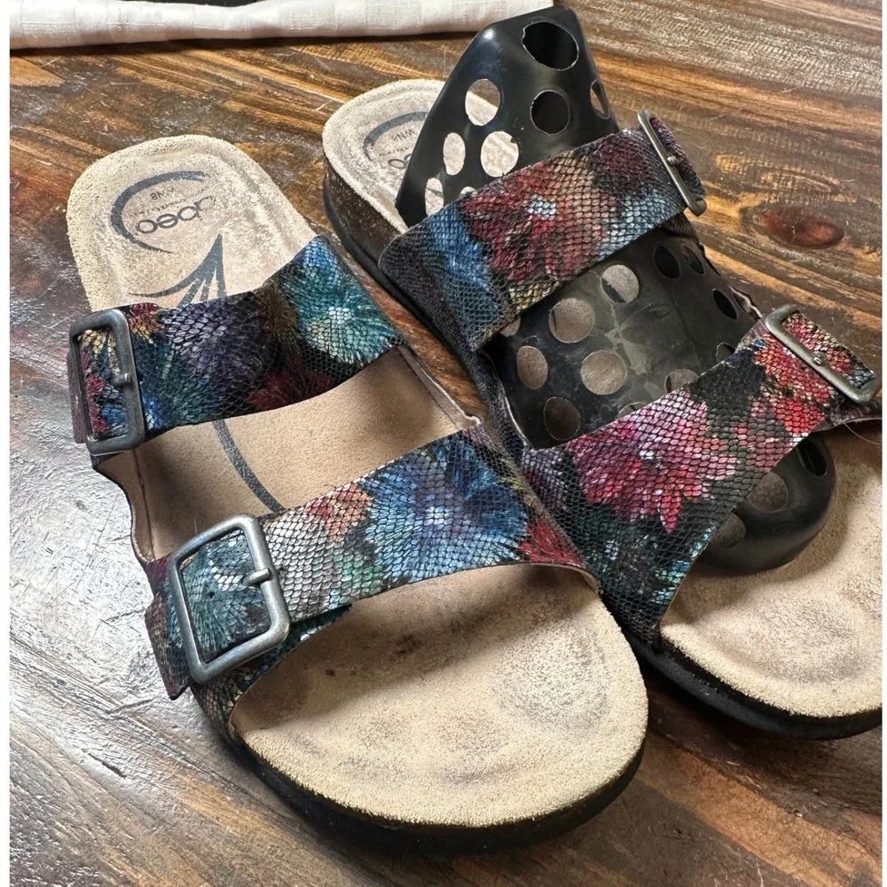 ABEO Blythe Multi Floral Snake Embossed Leather Orthotic Slide Sandals Womens 8N